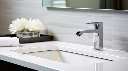 A stylish sink with a chrome faucet in a neat bathroom, inviting immediate use.hygiene concept