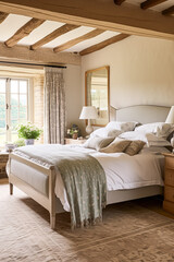 Cottage bedroom decor, interior design and holiday rental, bed with elegant bedding linen and...