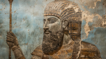 Sumerian wall painting, face of warrior or king is on plaster in Middle East. Old fresco of Ancient Babylonian civilization in Mesopotamia, art and history of Iraq, Babylon