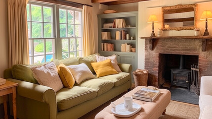 Countryside farmhouse interior design, home decor, sitting room and living room with fireplace, sofa and furniture in English country house and elegant cottage style
