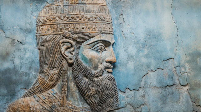 Sumerian wall art background, bearded king face painted on damaged plaster in Middle East. Cracked fresco of Ancient Babylonian civilization in Mesopotamia. Theme of Iraq, Babylon