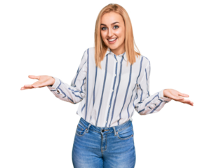 Beautiful caucasian woman wearing casual clothes smiling cheerful offering hands giving assistance and acceptance.