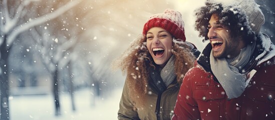 Joyful individuals dressed warmly experience winter outdoors.