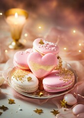 Fototapeta premium Valentine's Day pink heart sweets and macarons. Food proffession photography