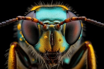 Macro photo of the head of a bee, Isolated on black background, Sharp and detailed study of bee head taken with macro objective stacked, Bee under microscope macro portrait - obrazy, fototapety, plakaty