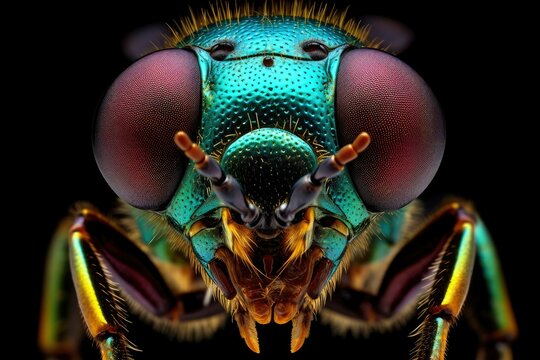 Macro view of the head of a fly on a black background, An extreme close up view of a fly face isolated on black background.