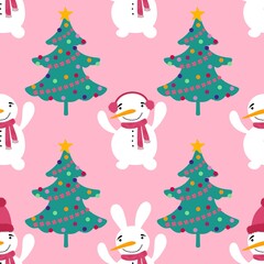 Cartoon winter ice seamless snowman and snowflakes pattern for Christmas tree and packaging and new year