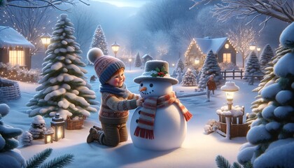 hombre de nieve jugando con niño 