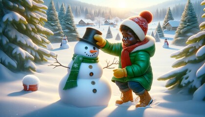 niño moreno y hombre de nieve jugando en la nieve 