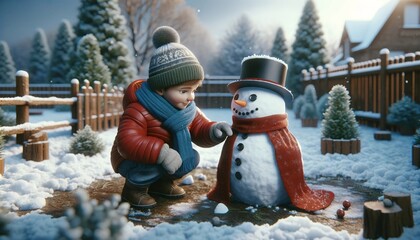 niño jugando con hombre de las nieves para navidad