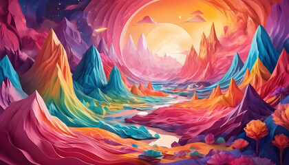Experience the magic of creativity unfolding as psychedelic paper shapes come alive in a spectrum of vivid color tones offering a visual symphony that captivates the senses