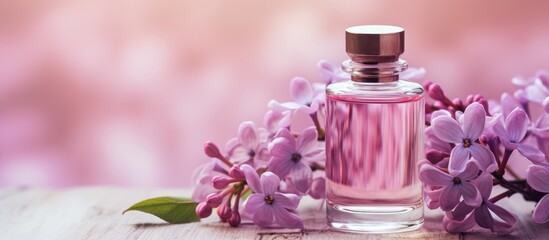 Obraz na płótnie Canvas Close-up of a fresh pink lilac blossom in an essential oil dropper bottle, used for herbal aromatherapy beauty treatments and spa massages. It has a soft pastel color and a soothing scent.