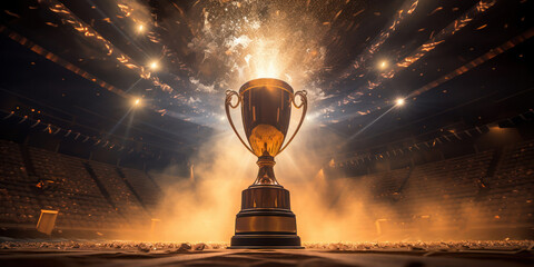 The stage shines under a spectacular light show, highlighting the prestigious cup trophy - obrazy, fototapety, plakaty