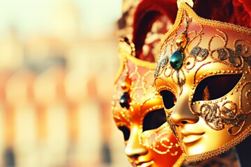 Carnival masks in yellow-gold tones against a blurred Venice background. Invitation card.