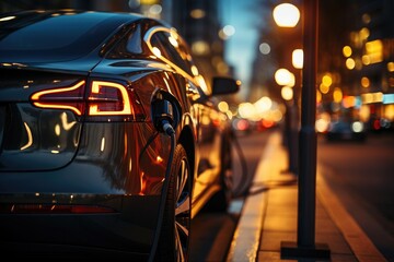 A sleek luxury car charges under the city lights at a bustling charging station, its wheels glinting in the night as it awaits its next journey on the open road