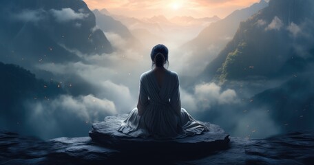 Serene mountain repose: girl finding tranquility in nature's embrace, panoramic relaxation amid breathtaking landscapes. - obrazy, fototapety, plakaty