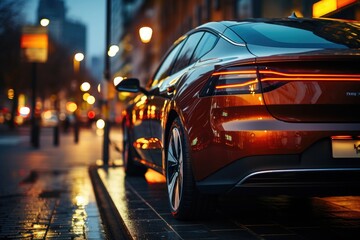A sleek sports sedan, with its luxurious design and glowing automotive lighting, stands out among the darkness of the night as it sits parked on the sidewalk, a bold contrast to the outdoor road it w - obrazy, fototapety, plakaty