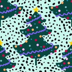 Cartoon retro seamless Christmas tree and balls pattern for wrapping paper and fabrics and linens and kids