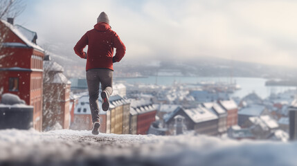 Young man in red jacket jogging in a snowy city on a sunny winter day, in a nice residential area with the view over a harbor. Person exercising outdoors, in a northern European town.