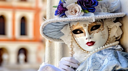 A woman in a light blue carnival dress wearing a mask and hat with flouwers, Venice.