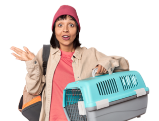 Young Hispanic woman ready for travel with pet carrier is saying a secret hot braking news and looking aside