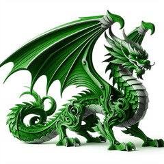 Fototapeta premium Green wooden dragon, symbol of 2024 year, isolated on a white background. The dragon is intricately carved, showing detailed scales and features.