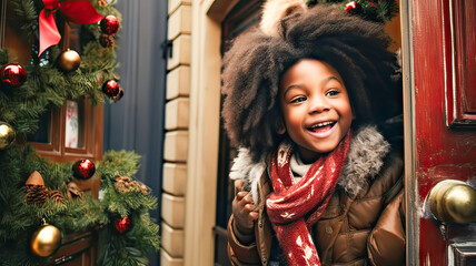 Christmas warmth surrounds the Afro girl in winter joy, door opens, festive lights.