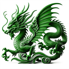Fototapeta premium Green wooden dragon, symbol of 2024 year, isolated on a white background. The dragon is intricately carved, showing detailed scales and features.