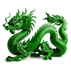 Fototapeta premium Green wooden dragon, symbol of 2024 year, isolated on a white background. The dragon is intricately carved, showing detailed scales and features.