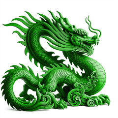 Fototapeta premium Green wooden dragon, symbol of 2024 year, isolated on a white background. The dragon is intricately carved, showing detailed scales and features.
