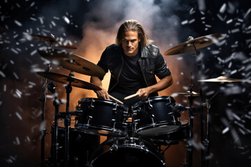 Fototapeta na wymiar Drummer playing drum kit on stage against a background of light and smoke. A young male musician is passionate about performing and music. Ideal for music-related content, concert promotions