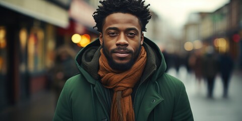 Fototapeta premium In a bustling city street, a man in a green coat stands out with his well-groomed beard and charming smile, his stylish jacket blending perfectly with the surrounding buildings and outdoor setting