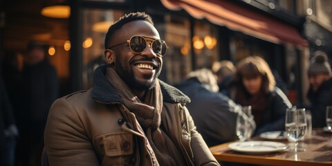 A stylish man with a warm smile enjoys a drink at an outdoor bar, his sunglasses and scarf adding a touch of mystery to his human face - obrazy, fototapety, plakaty