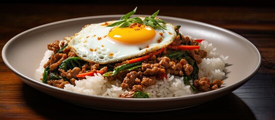 Thai minced beef stir-fry cooked with garlic, basil, chili sauce, and served over rice with a fried egg on top (Pad Kra pao). - obrazy, fototapety, plakaty