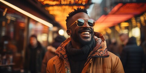 Obraz premium A stylish man sporting sunglasses and a coat confidently navigates the crowded city street, his face beaming with a charming smile