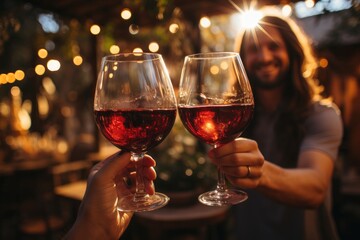 Two individuals savor the rich taste of red wine in elegant stemware at an upscale bar, surrounded by the luxurious ambiance of champagne and liqueur bottles
