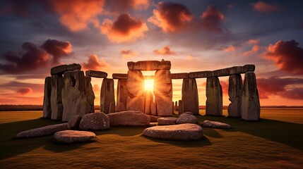 Stonehenge Circle of Stones with a Dramatic Sky Sunset behind it