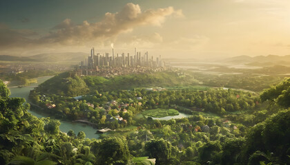Obraz premium Sustainable environment concept. The image depicts human thinking towards preserving nature, reducing carbon footprint and building sustainable urban community for green future
