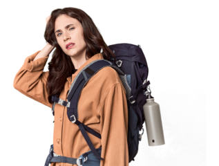 Young Caucasian with hiking gear and bottle being shocked, she has remembered important meeting.