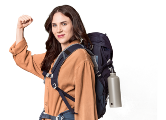 Young Caucasian with hiking gear and bottle raising fist after a victory, winner concept.