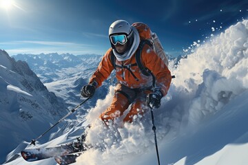A fearless skier gracefully navigates through a snowy slope, adorned with the necessary equipment and surrounded by the vast beauty of a glacial mountain, embodying the ultimate winter adventure