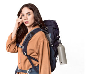 Young Caucasian with hiking gear and bottle pointing temple with finger, thinking, focused on a task.