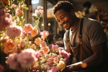 A stylish man stands in a floral shop, admiring a beautiful bouquet of roses while a woman arranges artificial flowers nearby - obrazy, fototapety, plakaty