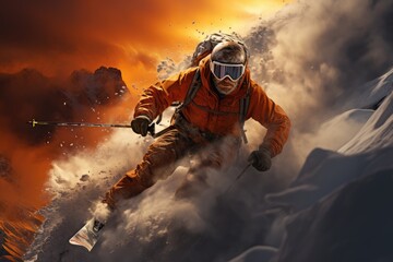 A fearless skier conquers the snowy slopes, his helmet glinting in the sunlight as he soars through the sky with the majestic mountain as his backdrop