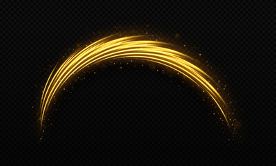 Luminous wave with sparkles particles. Golden light trails with light effect. Magic sparkling dust on transparent background.
