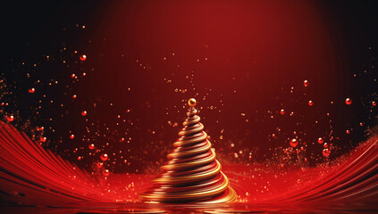 Christmas New Years background with swirly spiral Christmas tree on red background. Golden glitter garland lights