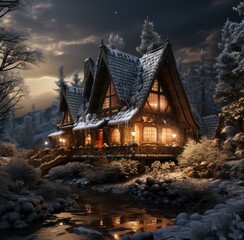 Obraz premium A cozy house stands amidst a serene winter wonderland, its warm lights illuminating the snowy landscape under a starry night sky