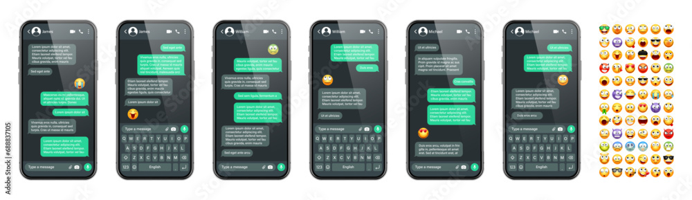 Wall mural smartphone messaging app, user interface with emoji. sms text frame. chat screen, green message bubb