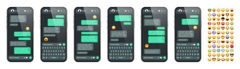 Smartphone messaging app, user interface with emoji. SMS text frame. Chat screen, green message bubbles. Texting app for communication. Social media application. Dark mode. Vector illustration