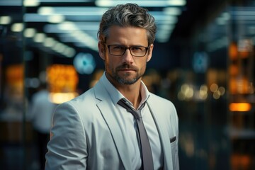Fototapeta premium A sharply dressed gentleman with a trimmed beard and glasses stands in front of a towering building, exuding confidence and professionalism in his suit and tie